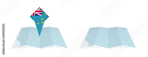 Two versions of an Tuvalu folded map, one with a pinned country flag and one with a flag in the map contour. Template for both print and online design. photo