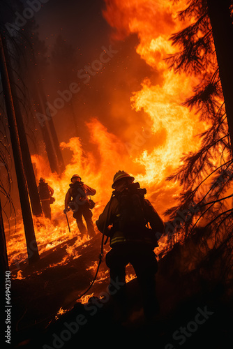 Establishing Shot: Team of Firefighters in Safety Uniform and Helmets Extinguishing a Wildland Fire, Moving Along a Smoked Out Forest to Battle Dangerous Ecological Emergency. Cinematic Footage © Tamara