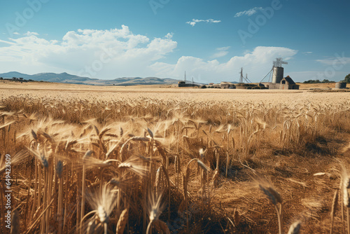 A sustainable agriculture field with wind turbines in the background, illustrating agrovoltaics. Generative Ai. photo