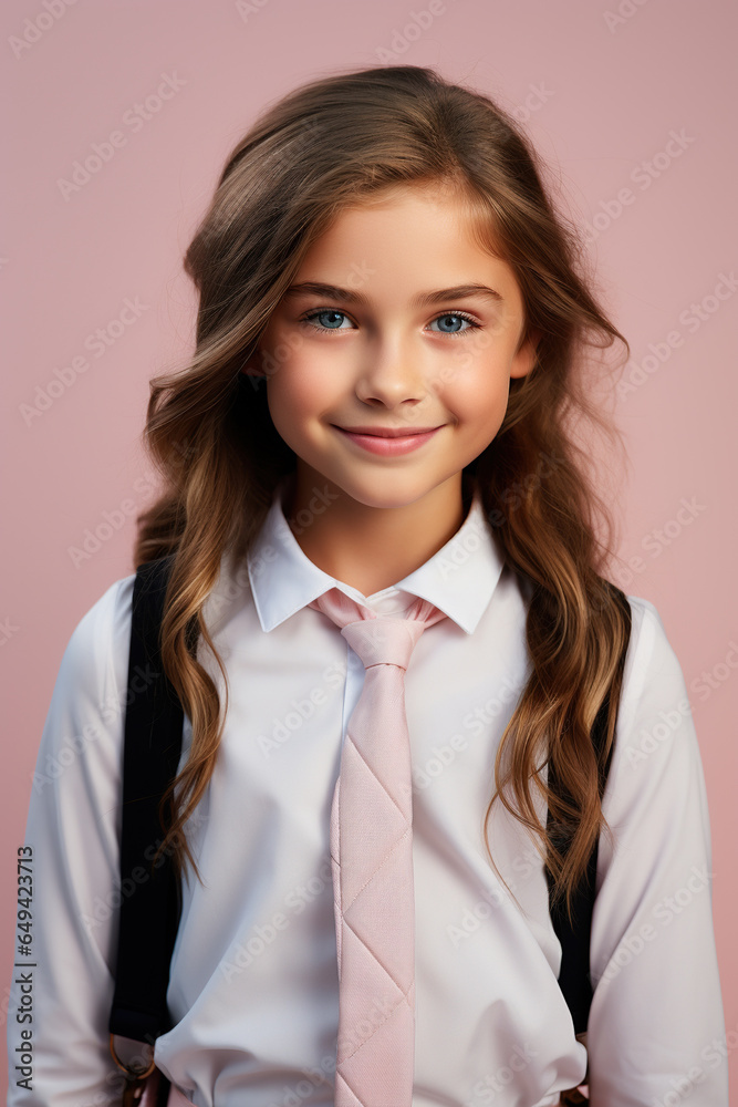 Portrait of happy white girl (school children age) with blonde hair looking at camera and smiling while standing on pink background. Portrait of happy white girl (school children age) with blonde hair looking at camera and smiling while standing on pink background.