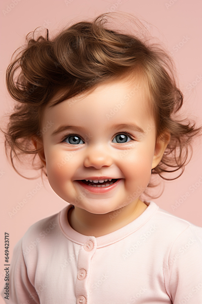 Portrait of curly blond smiling baby girl with blonde hair looking at camera and smiling while standing on pink background. Portrait of curly blond smiling baby girl with blonde hair looking at camera and smiling while standing on pink background.