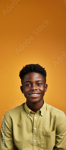 Portrait of happy arabic, indian or sub saharian teenager boy looking at camera and smiling while standing on orange background. Copy space photo