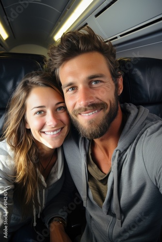 Young couple taking a selfie on the airplane during flight around the world. Generative AI © piai