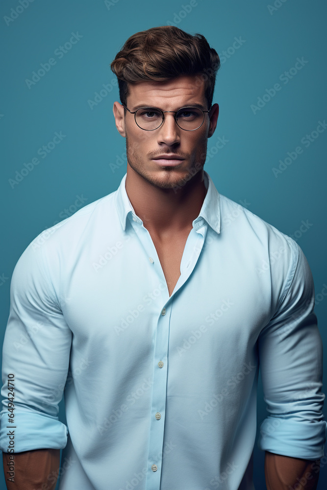 Studio shot of handsome caucasian muscular man with glasses in blue costume, fashion look. Confident guy in fashionable suit standing on solid blue background