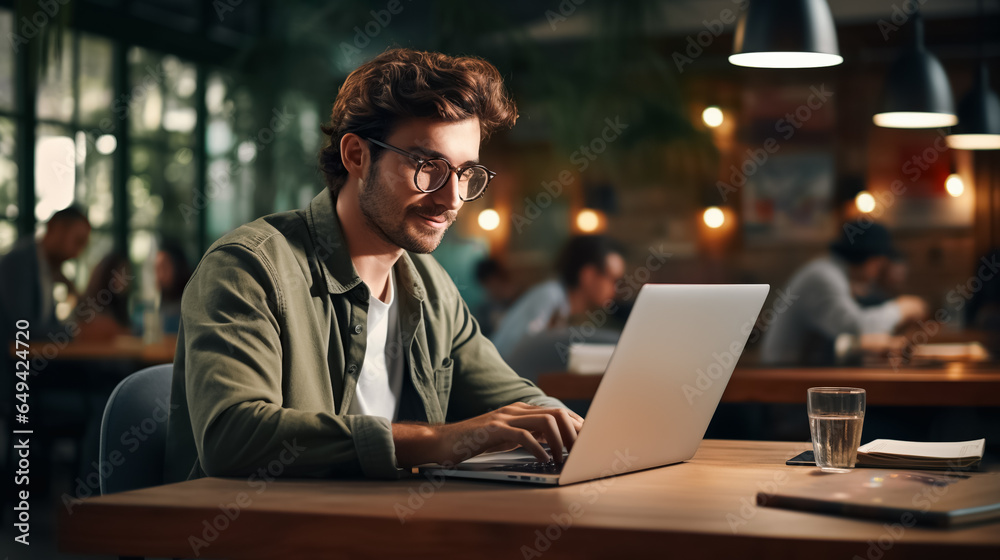 Man in coffee shop, laptop and small business owner, entrepreneur in hospitality management and connectivity. Happy male professional, cafe franchise and wireless connection with digital admin on pc Man in coffee shop, laptop and small business owner, entrepreneur in hospitality management and connectivity. Happy male professional, cafe franchise and wireless connection with digital admin on pc