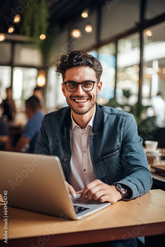 Man in coffee shop, laptop and small business owner, entrepreneur in hospitality management and connectivity. Happy male professional, cafe franchise and wireless connection with digital admin on pc