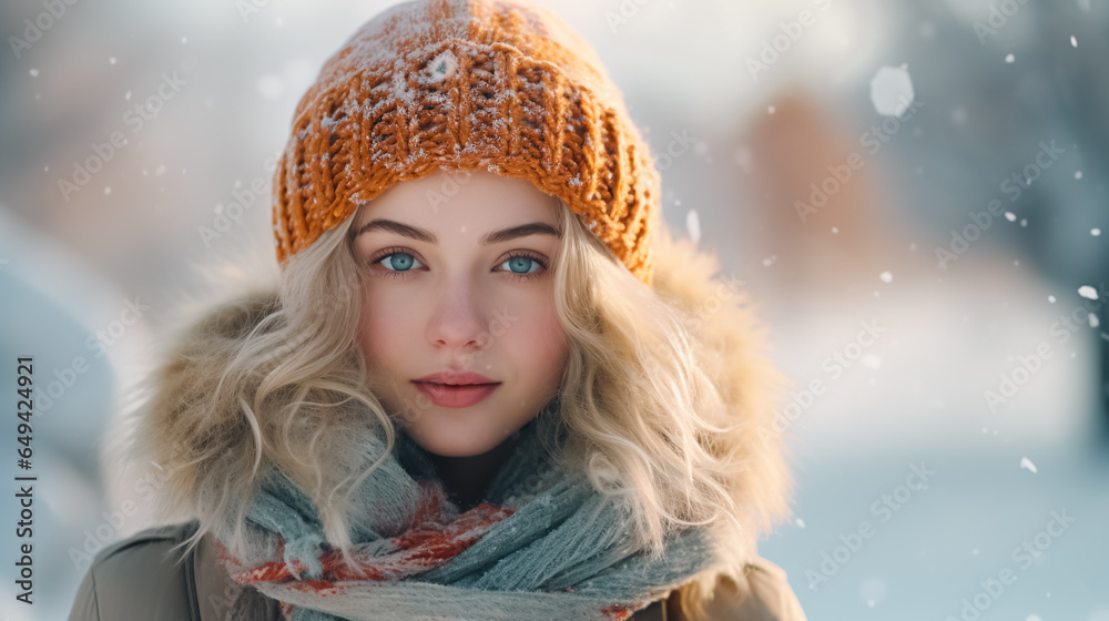 Close up portrait of a beautiful young woman in winter hat and scarf Close up portrait of a beautiful young woman in winter hat and scarf