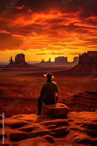Adult man in cowboy hat sitting on rock against sunset sky. Landscape with canyons  wild west concept.