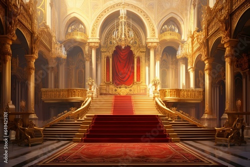 Oil painting depicting a realistic fantasy interior of a royal palace. Golden red palace with castle interior. Fictional backdrop and concept art. Generative AI