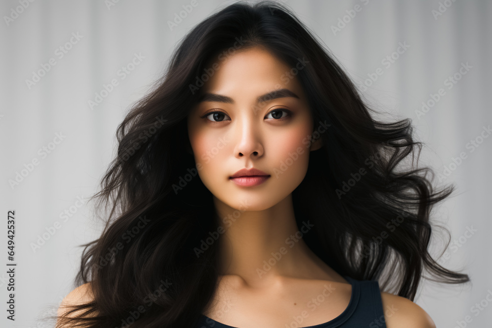 Beauty portrait of asian brunette girl smooth long straight hair. Hair care. Cosmetics. Facial treatment, Cosmetology, plastic surgery.