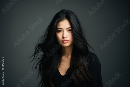 Beauty portrait of asian brunette girl smooth long straight hair. Hair care. Cosmetics. Facial treatment, Cosmetology, plastic surgery.