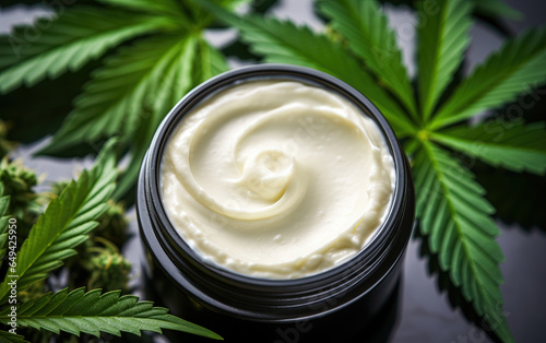 Close up of legal CBD cannabidiol topical cream for wellness, skincare, pain releif and anti-inflamatory applications next to marijuana leaves.