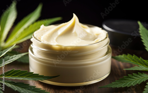 Close up of farmaceutical CBD cannabidiol topical cream for wellness, skincare, pain releif and anti-inflamatory applications next to marijuana leaves. photo