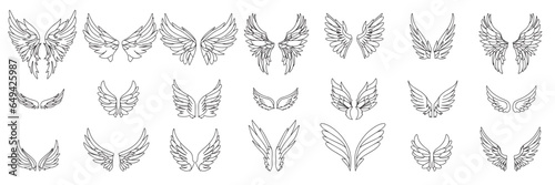 Angel's wings in doodle style collection isolated on white background. Hand drawn outline wings. Vector illustration.