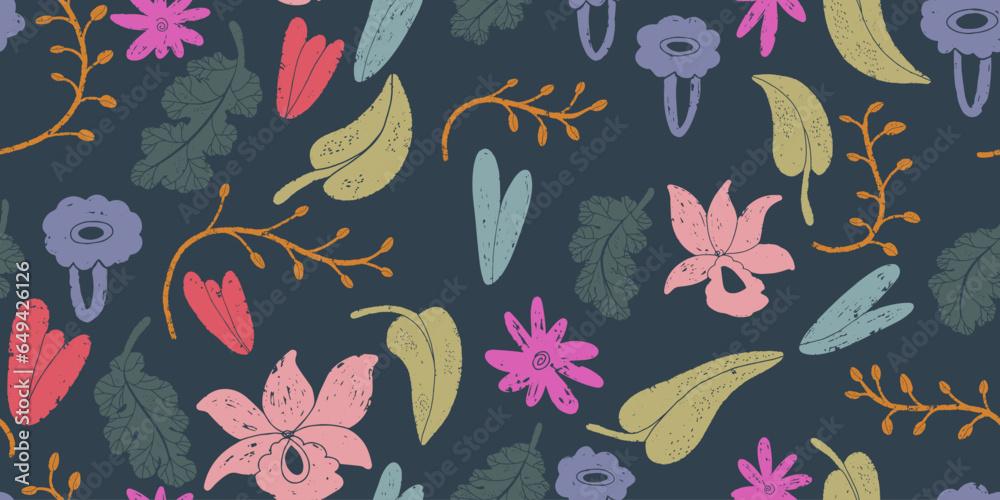 Stylized textured leaves and flowers in linocut style. Vector seamless, overlapping, repeating pattern. Stylized textured leaves and flowers in linocut style. Vector seamless, overlapping, repeating pattern.