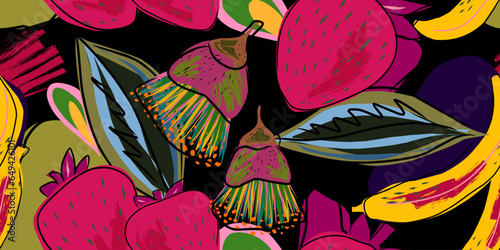 Stylized tropical fruits and plants in flat style. Vector seamless, overlapping, repeating pattern.