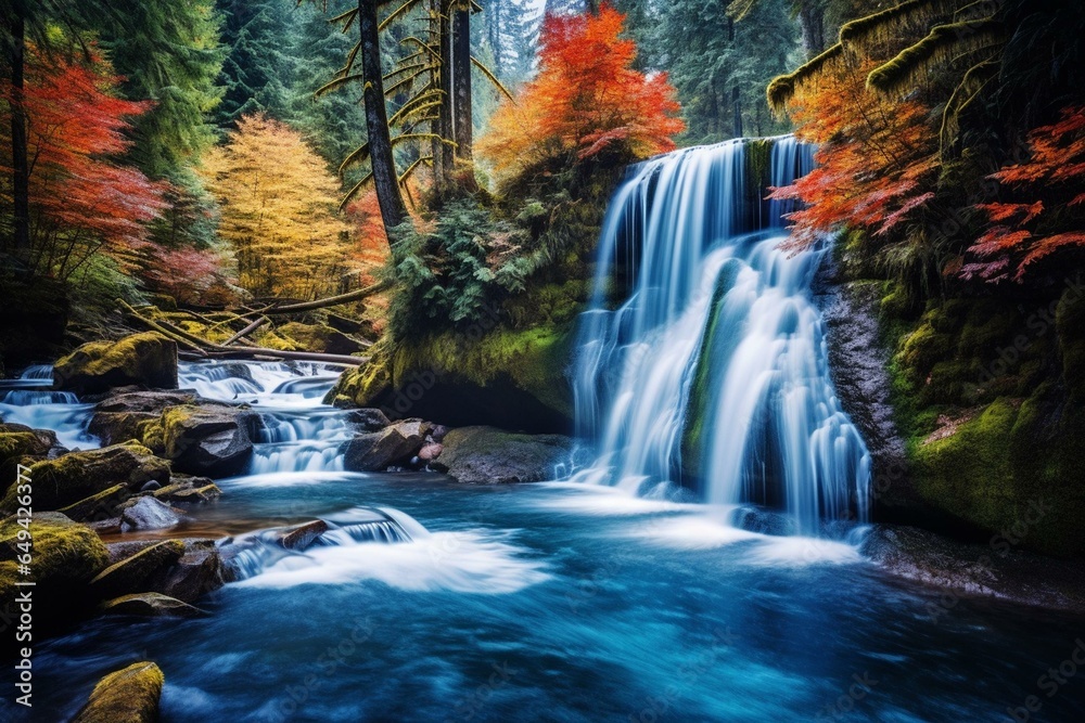 Vibrant fall waterfall surrounded by colorful rainforest with blue water. Generative AI