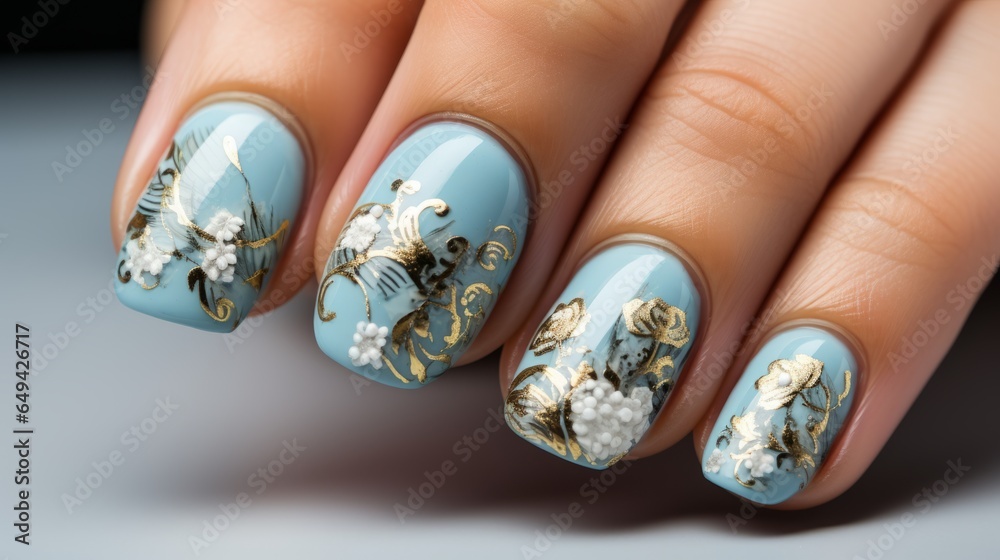 Luxury nails with drawing fantasy design. Closeup Woman hand with beautiful nail design. Female hand with stylish, creative and modern manicure. Women fingers with fashion manicure. Luxury nails with drawing fantasy design. Closeup Woman hand with beautiful nail design. Female hand with stylish, creative and modern manicure. Women fingers with fashion manicure.