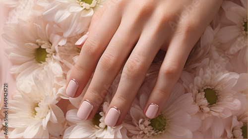  Beige color nails on flowers. Closeup Woman hand with beautiful nail design.  Female nails with beige color manicure. Women fingers with gloss manicure.