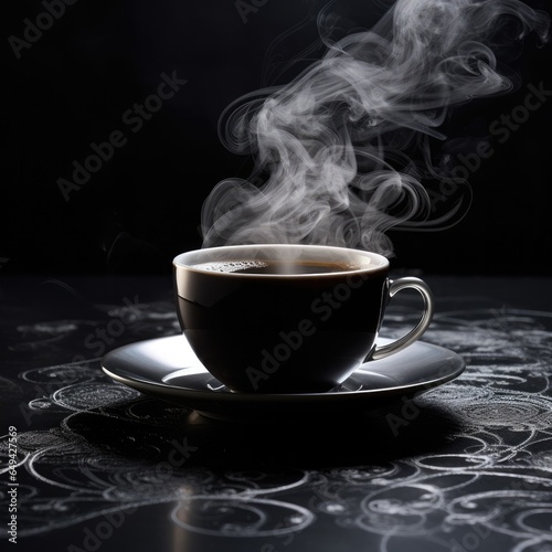 Hot tea with steam in a cup  on a dark background. Generative AI.