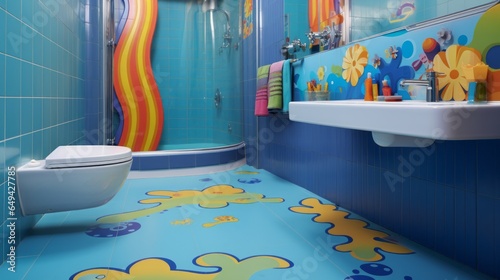 Bathroom, colorful tiles and child-friendly design