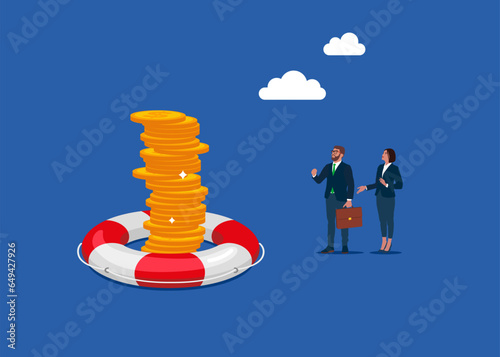 Stacked coins in lifebuoy. Money investment protection and by insurance. Vector illustration