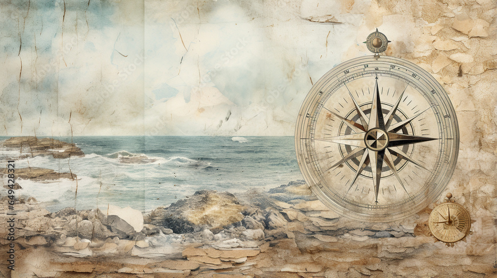 Ancient old compass on the vintage map background. Adventure, discovery, navigation, geography, education, pirate and travel theme concept background. History and geography team. Retro stale. - obrazy, fototapety, plakaty 