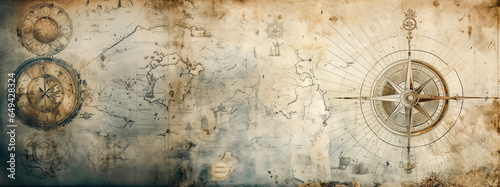 Abstract background on the theme of travel, adventure and discovery. Old hand drawn map with vintage sailing yachts, wind rose, routs, nautical symbols and handwritten inscriptions © Tamara