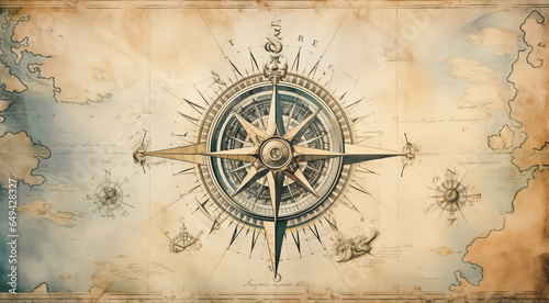 Vintage compass background. Adventure, discovery, navigation, geography, education, pirate and travel theme concept background. History and geography team. Retro style. © Tamara