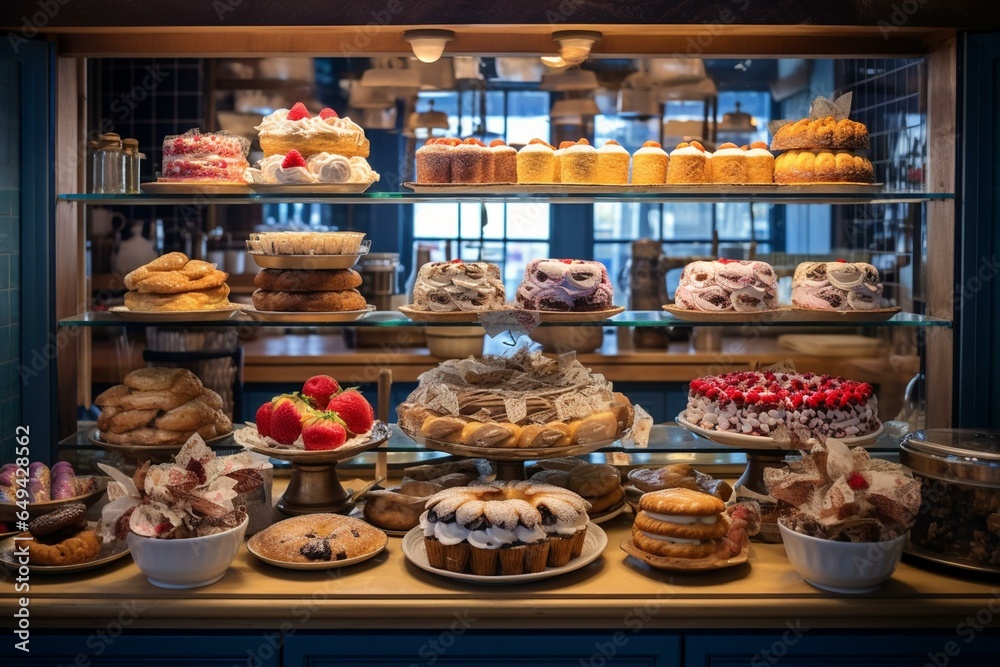 An assortment of baked goods showcased in a bakery's front display, featuring a variety of cakes and pies frosted with icing on shelves. Generative AI