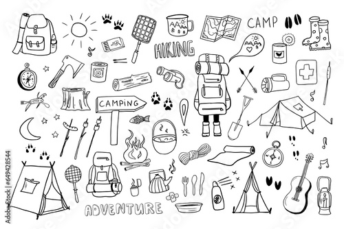 Cute set of camping and hiking elements in doodle style. Picnic, travel accessories and equipment. Travel design. Adventure. Hand drawn. Vector illustration isolated on white background.