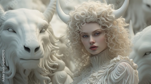 Beautiful fairy blonde goddess with blue eyes with horns. Portrait of the Beautiful fantasy tale woman hero in ivory clothes. Digital Art: fairy-tale character with fairy tale animal on background