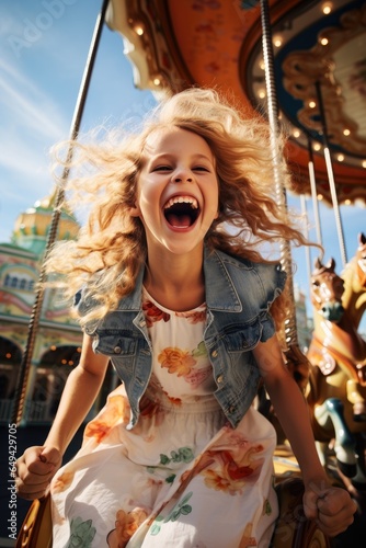 Happy young girl, merry-go-round, having fun at an amusement park. Generative AI