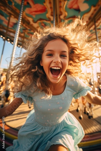 Happy young girl, merry-go-round, having fun at an amusement park. Generative AI © piai
