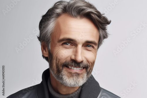 photo portrait of a handsome mature man smiling with clean teeth. for a dental ad. guy with fresh stylish hair and beard with strong jawline. isolated on white background