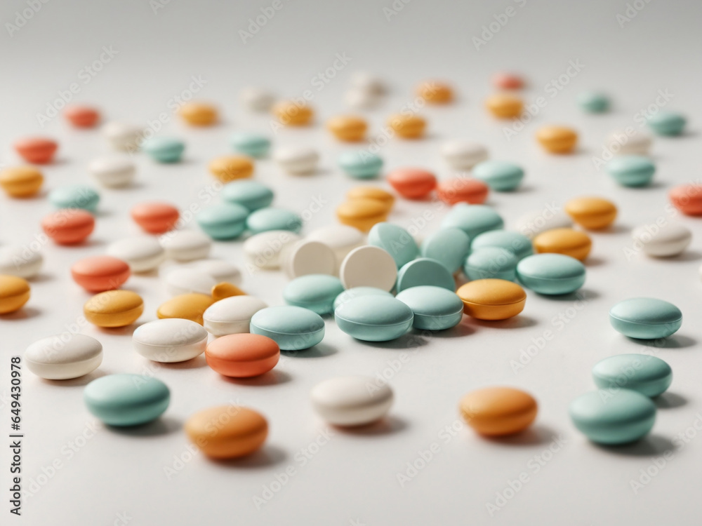 Assorted Pills: Vibrant Orange, White, and Blue Capsules on a Clean White Background