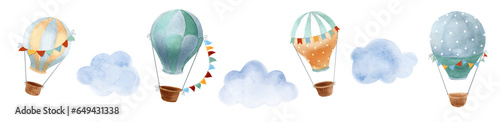 Watercolor hot air balloons with clouds set isolated 