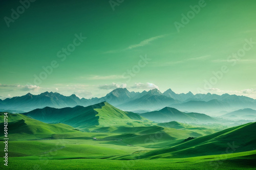 a picture of green grass and mountains, fog