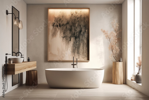 Transform your bathroom into a spa-like retreat with this gorgeous tub and stylish sink. AI Generative.