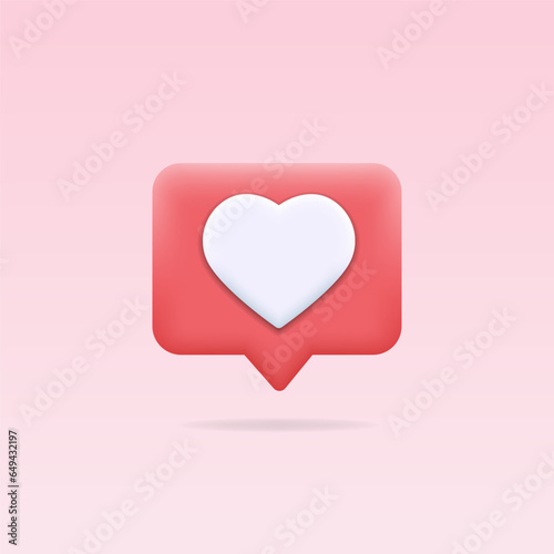 White heart in red speech bubble icon. Design element for love, like, emotion in social media, network, marketing, app. 3d button for comment, feedback, flirting, romance, dialog, notification concept