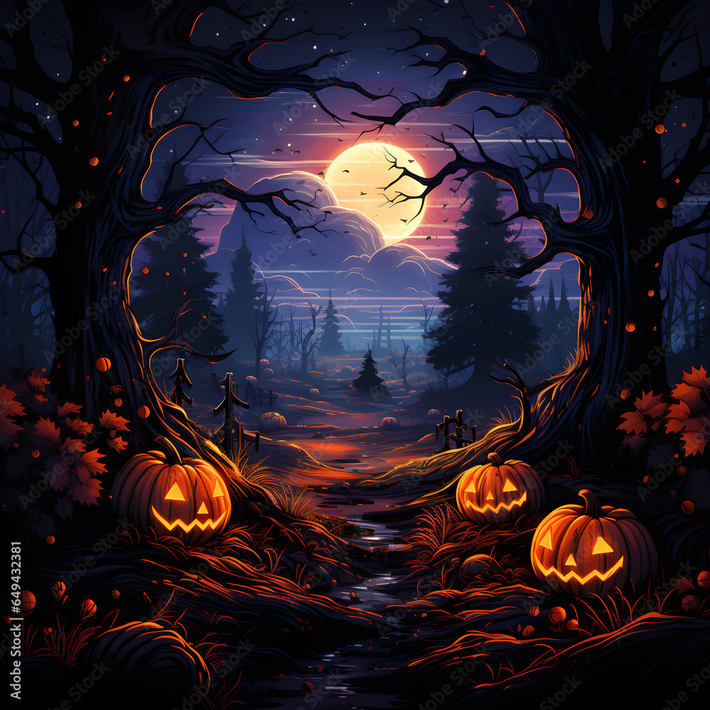 Fototapeta premium Halloween background with pumpkins, trees and moon, vector illustration, Ai Generated