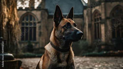 belgian malinois dog in a spooky halloween setting, gothic, castle background