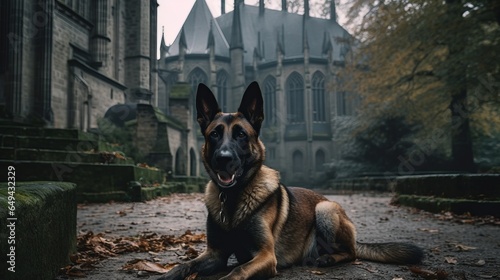 belgian malinois dog in a spooky halloween setting, gothic, castle background
