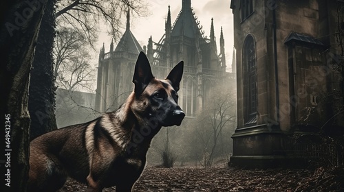 belgian malinois dog in a spooky halloween setting, gothic, castle background