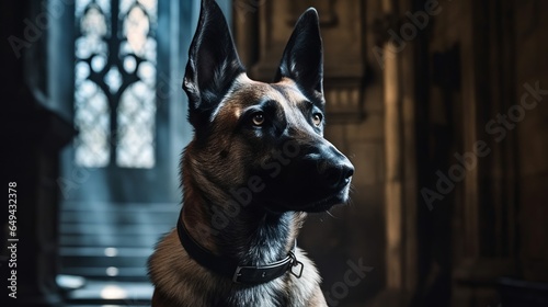 belgian malinois dog in a spooky halloween setting, gothic, castle background