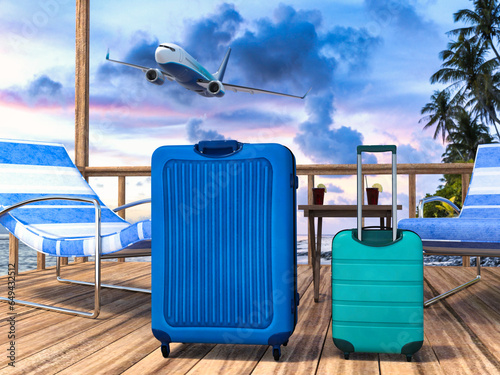 Baggage on the beach with a view of the sea sunset