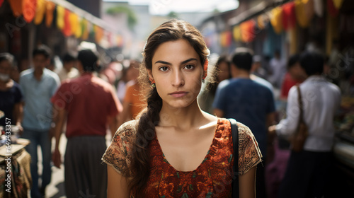 a young Mexican woman walks hand in hand with her parents through a colorful market, the vibrant stalls reflecting their close bond and shared cultural heritage.