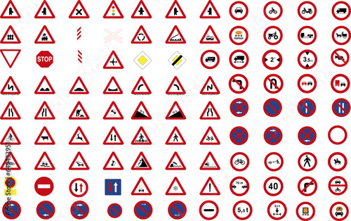 Set of triangular and round traffic, warning, prohibition and danger signs icons in addition to the hexagonal stop