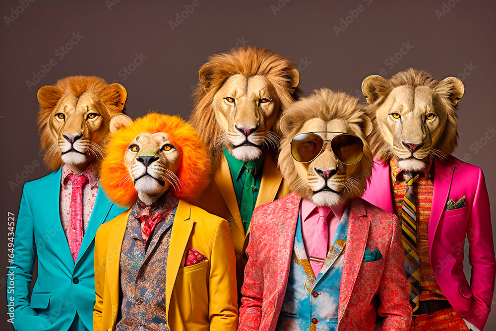Heavy lion mob pack anthropomorphic vibrant colors - obrazy, fototapety, plakaty 