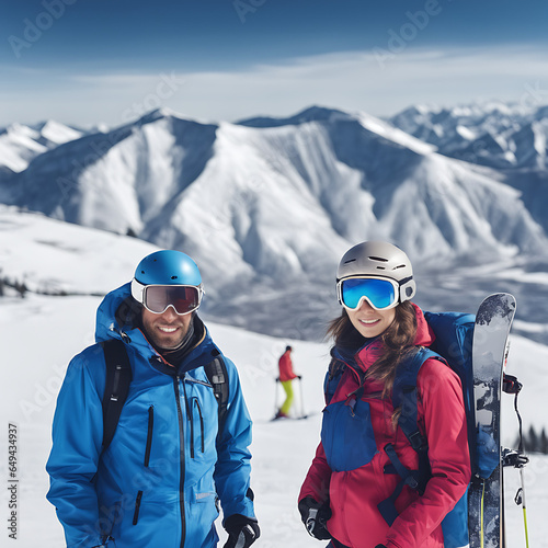 Esquiadores mujer y hombre sonriendo en unas montañas nevadas